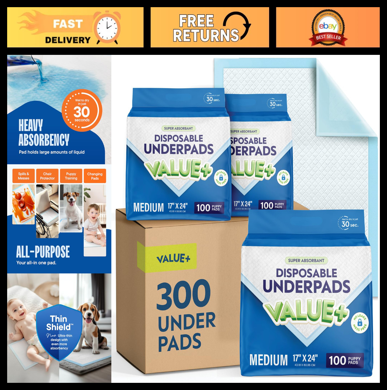 300 Pack Disposable Chucks Pads 17×24 – Waterproof Diaper Changing & Incontinenc