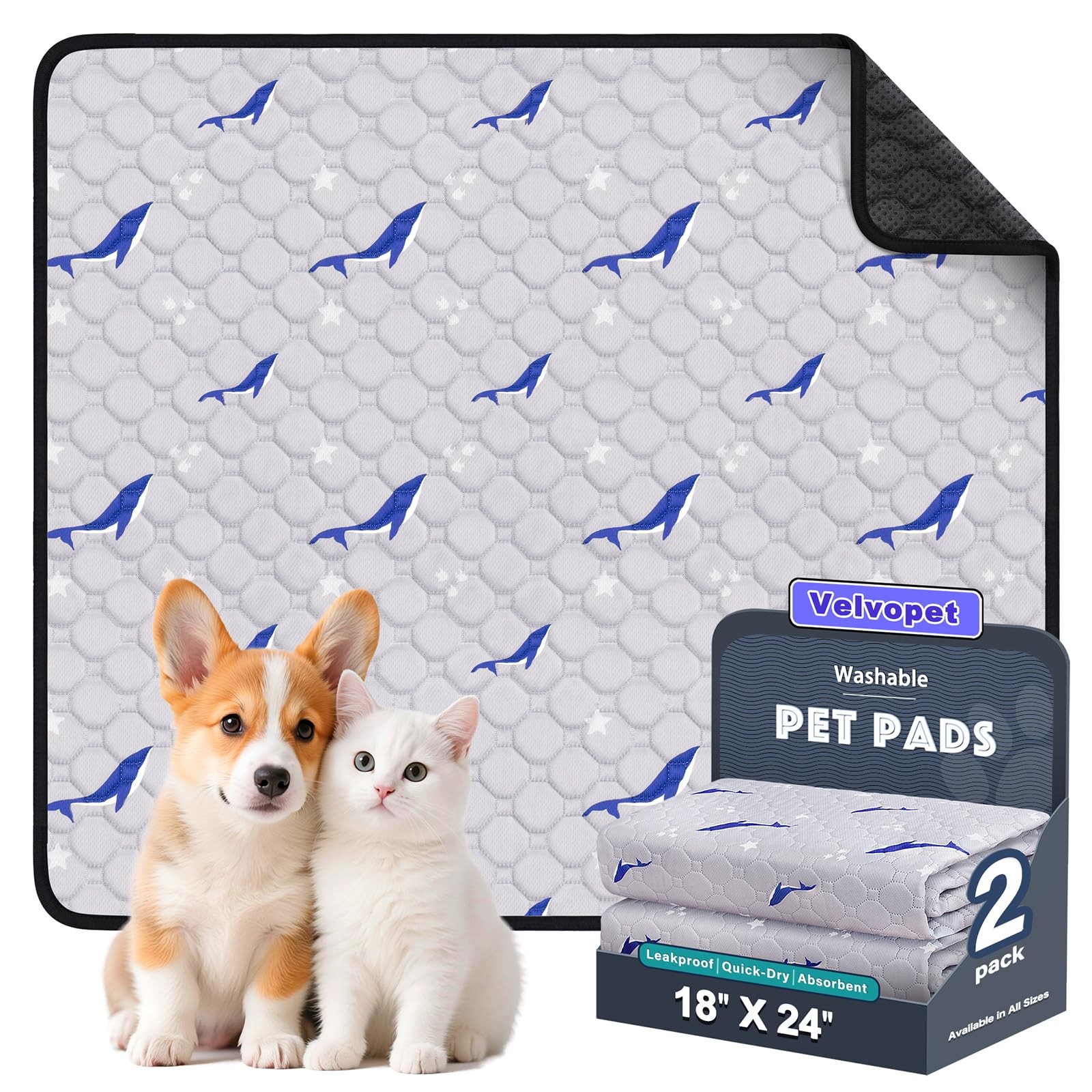 Velvopet Washable Pee Pads for Dogs, 2 18″x24″(Pack of 2), Dolphin Pattern
