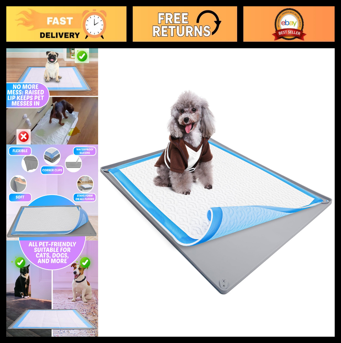 Dog Pee Pad Holder Tray for 30” x 36” Pads – Non-Spill, Easy Clean, Light Grey