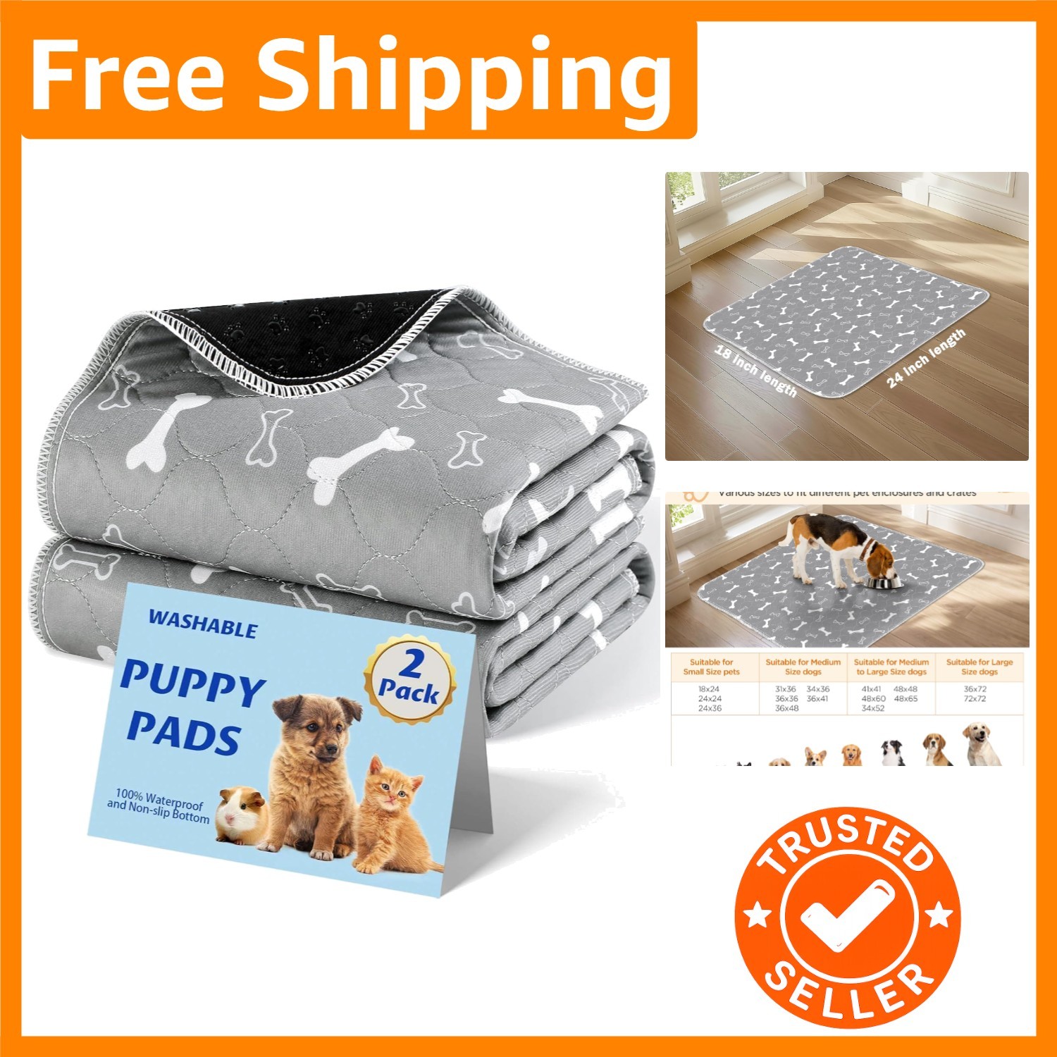 Fast Absorbent 18×24 Puppy Pads – Reusable Anti-Slip Pet Training Mat, 2 Pack