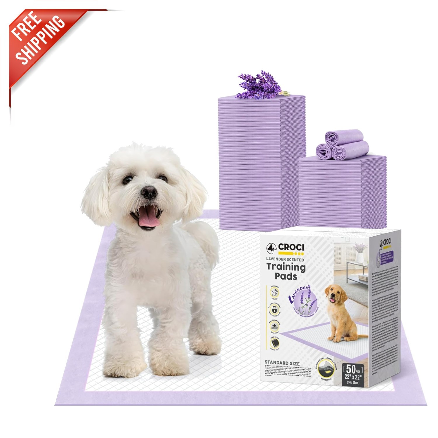 22x22in Puppy Pads with Adhesive Tabs – 50 Count for Potty Training