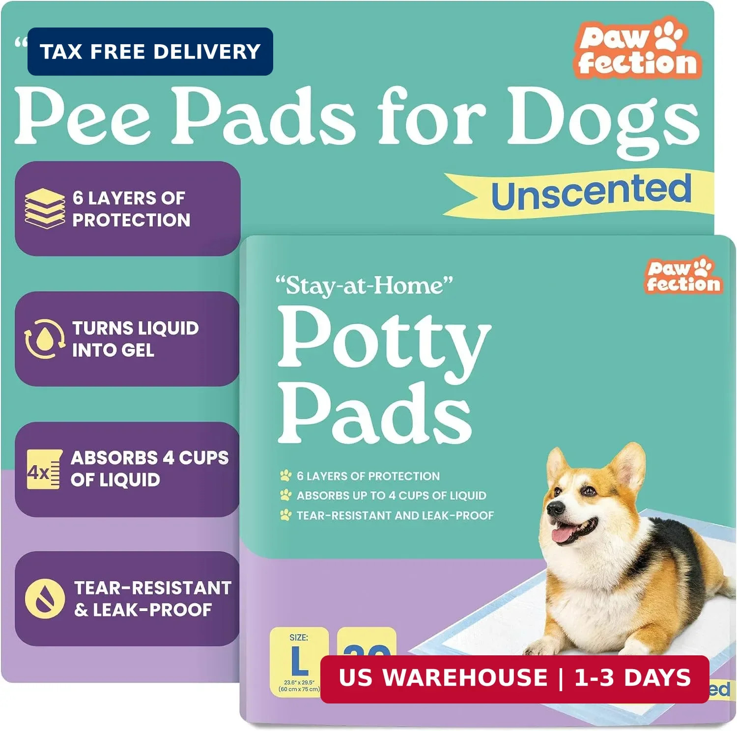 23.6″ x 29.5″ Unscented Puppy Pads – 30 Count Pee Pads for Dogs – 6-Layer Absorb
