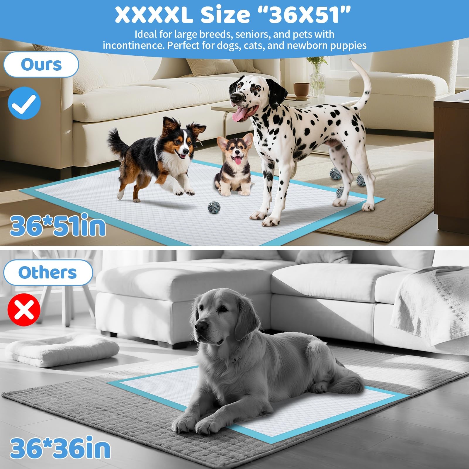 Gimars 130G Thicker Extra Large 36in x 51in Puppy Pads – 36X51 30Count, Blue