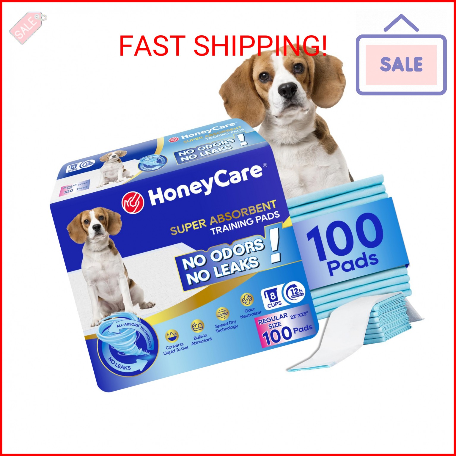 HONEY CARE All-Absorb, Large 22″ x 23″, 100 Count, Dog and Puppy Training Pads,