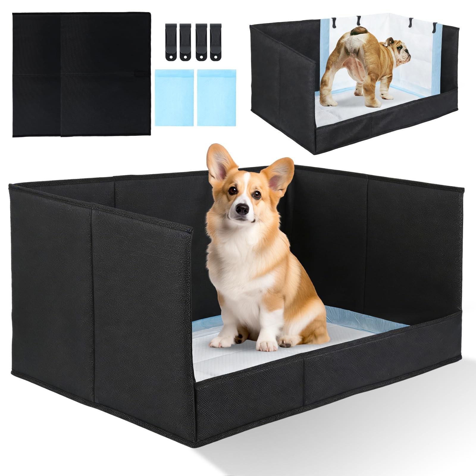 Dog Litter Box with High Walls, Pee Pad Holder Foldable, No Assembly, Waterpr…