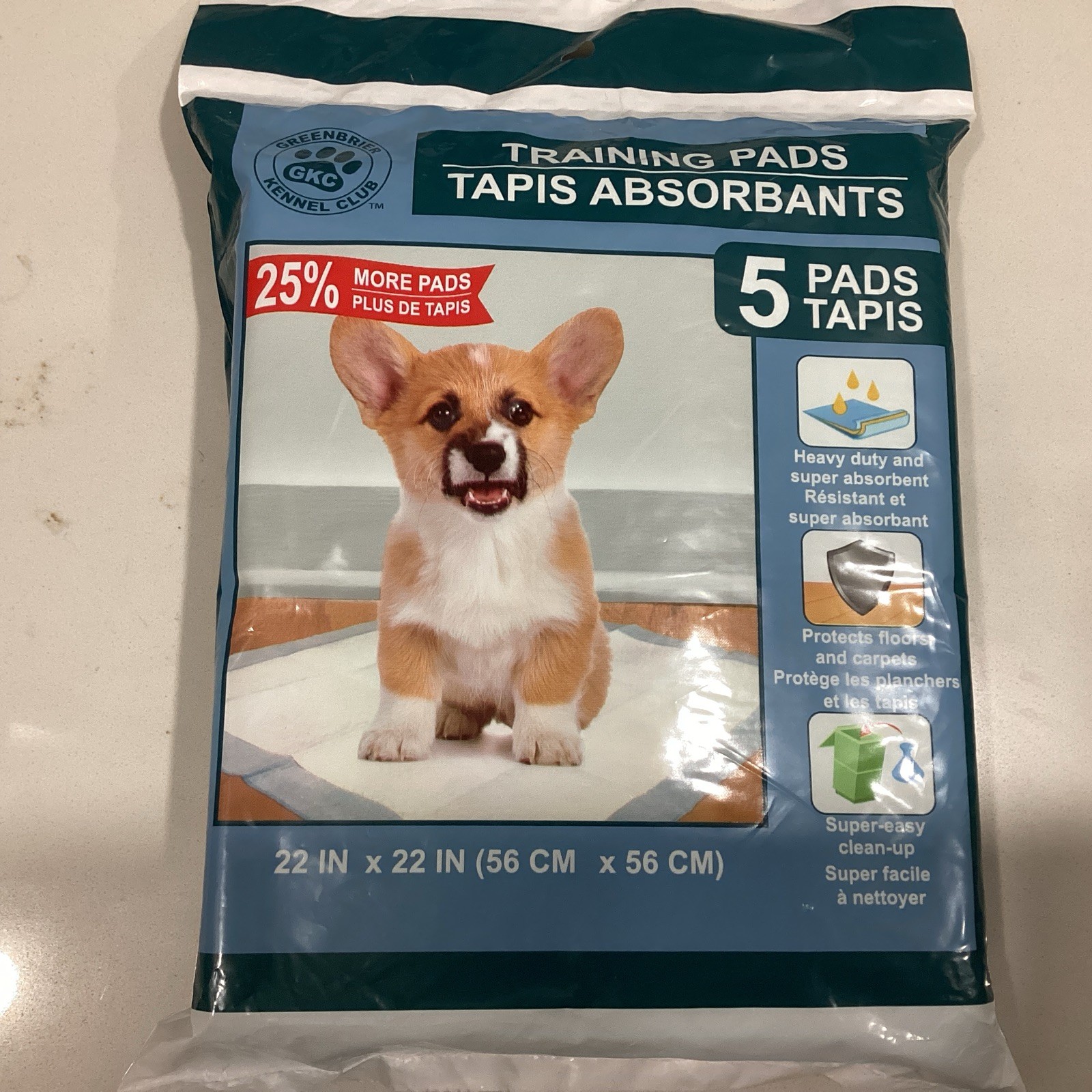 Greenbrier Kennel Club Puppy Training Pads 22″x22″, 5 Packs 25 Total Pads
