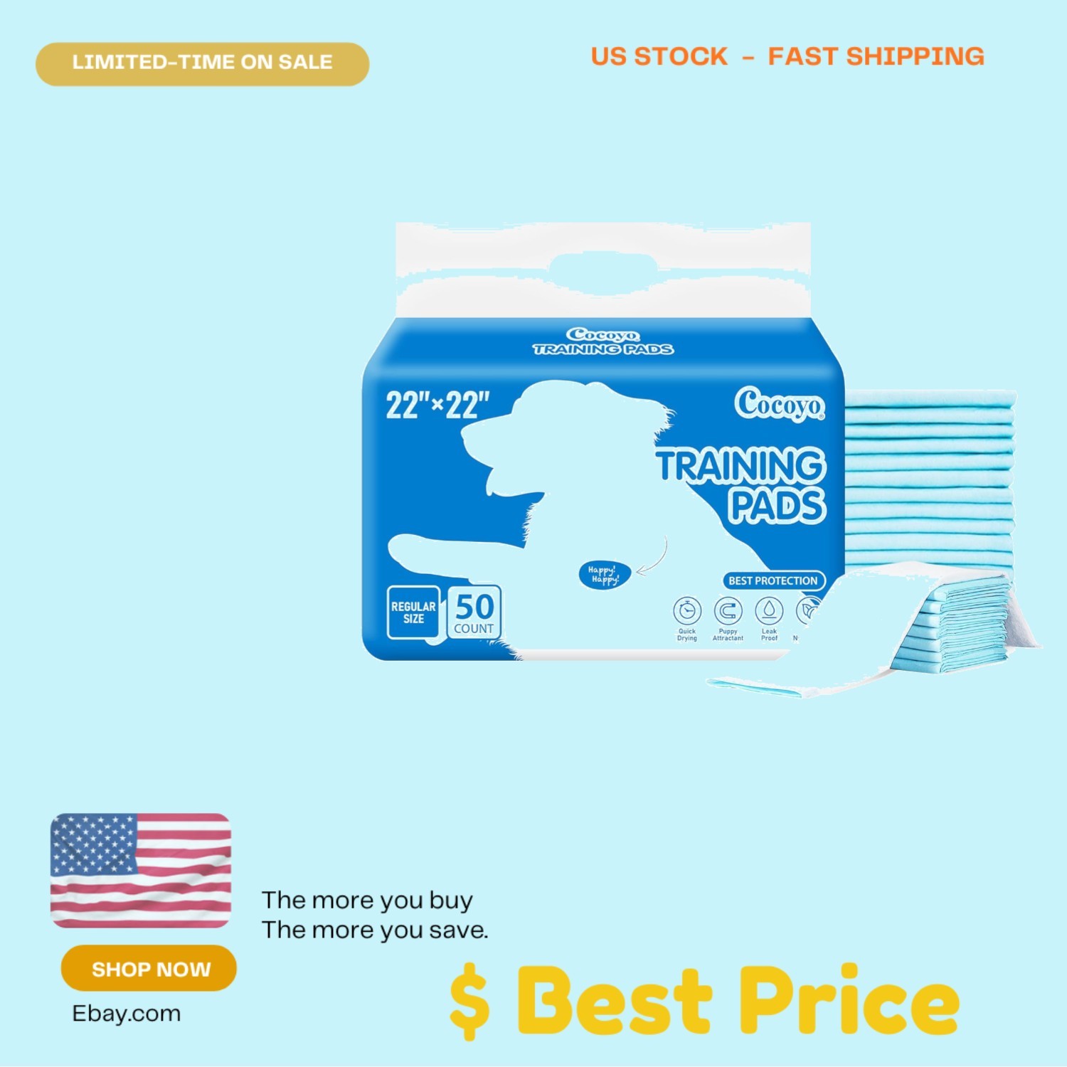22×22 Dog Training Pads 50 Count Super Absorbent Puppy Pee Pads White