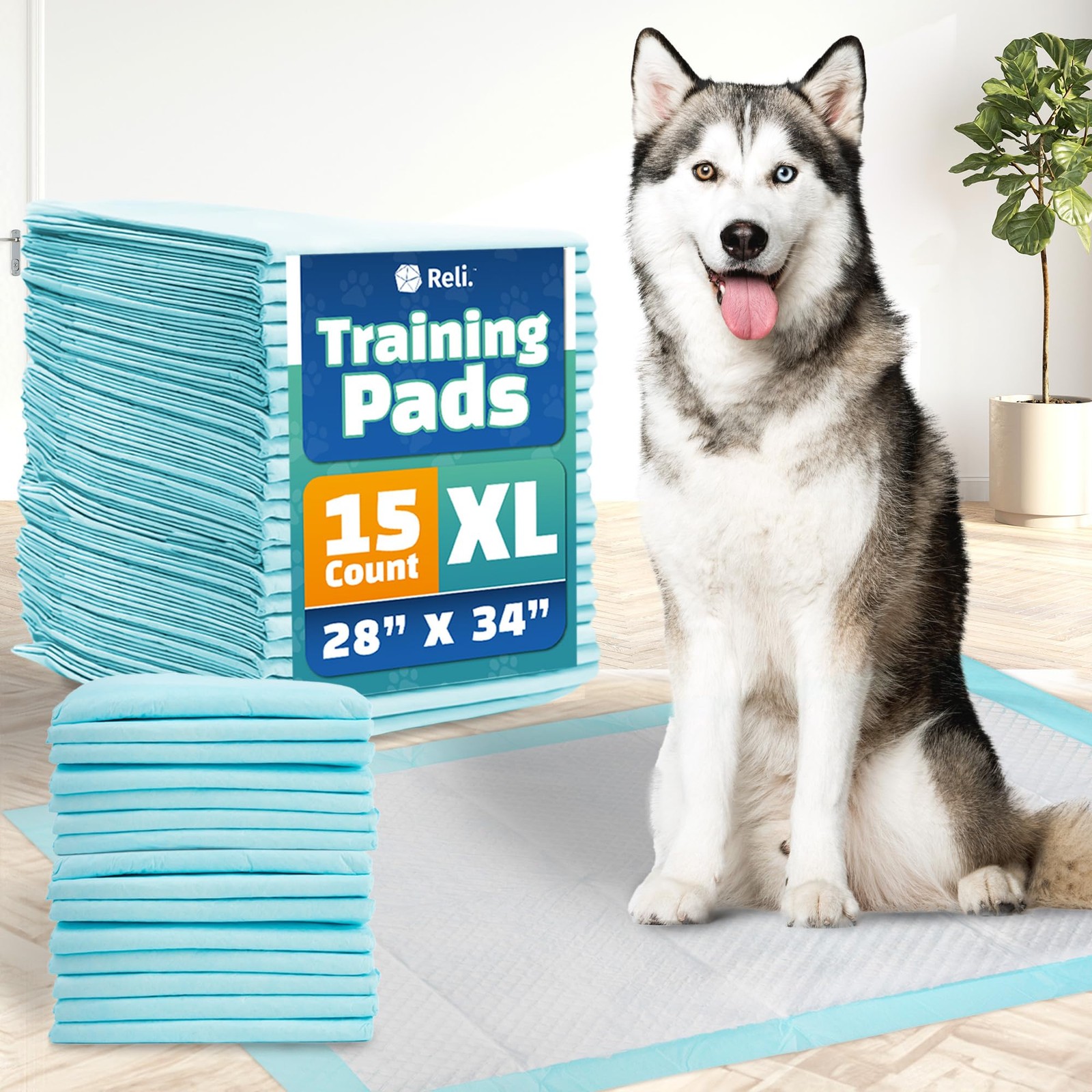 Reli. Dog Pee Pads Extra Large (15 28″ x 34″ (Extra Large), Blue/ White