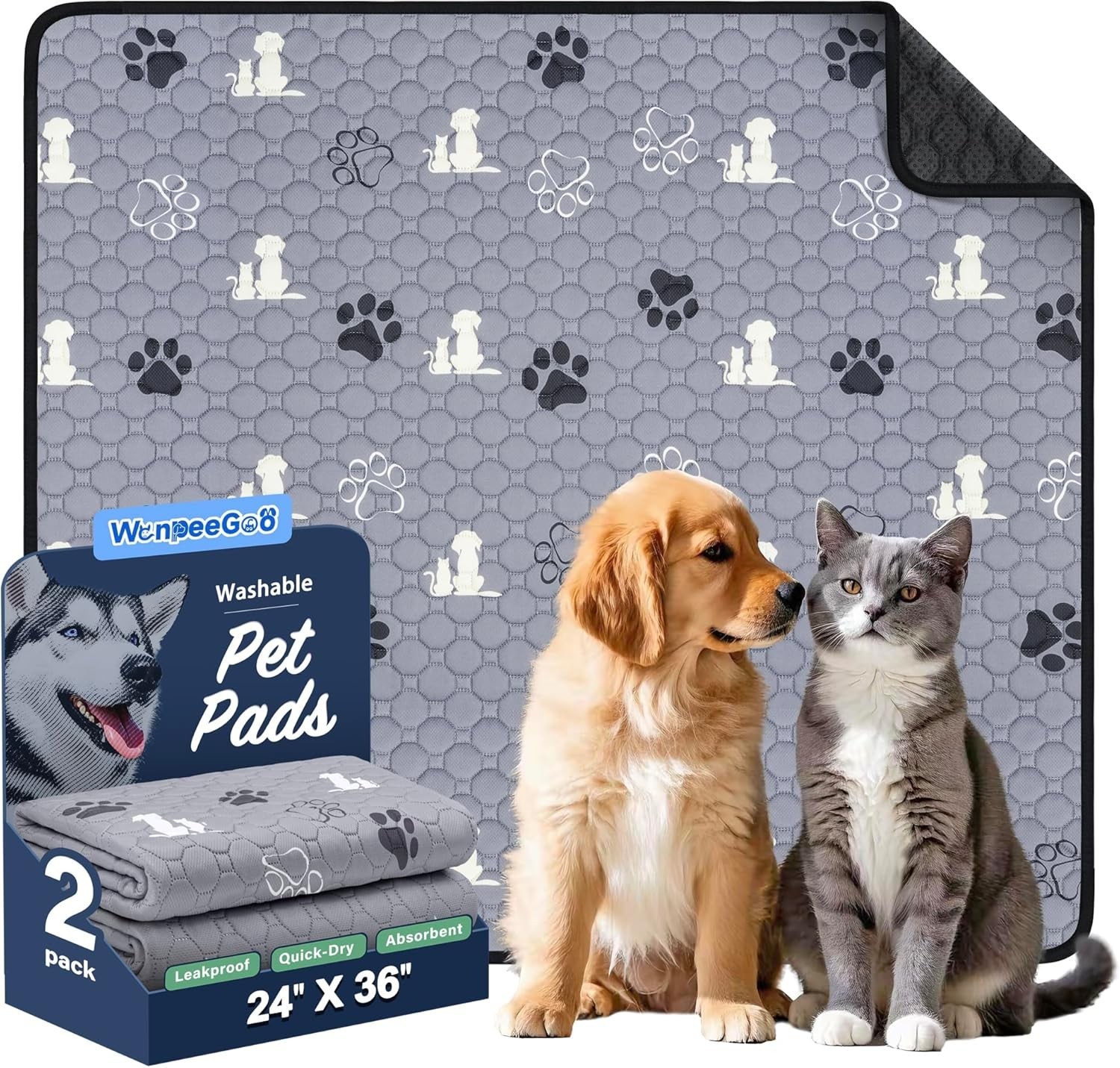 Washable Dog Pee Pads Absorbent Reusable Training Mat 24×36 Grey Non-Slip Puppy