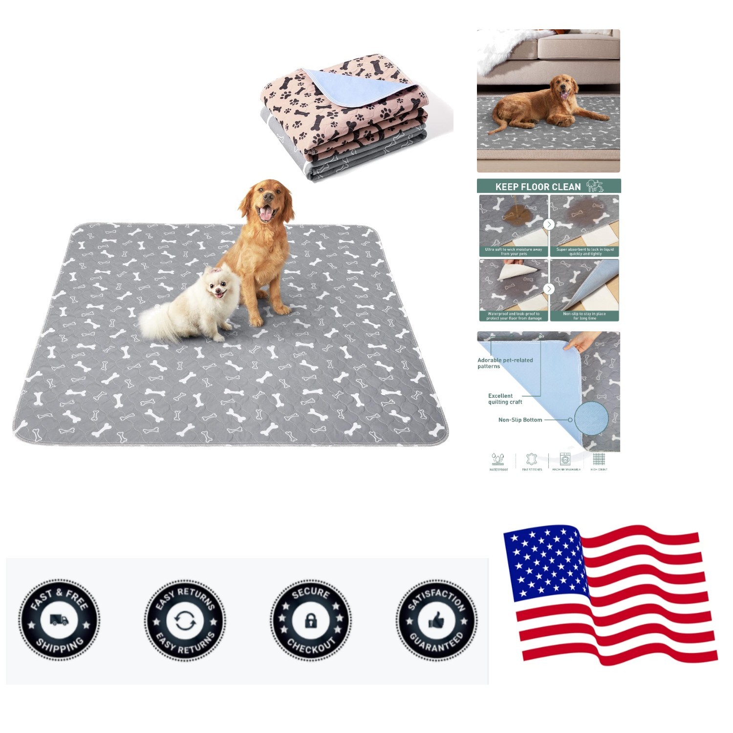 Reusable Washable Pee Pads for Dogs Large/Extra Large 36” x 41” 2 Pack, Abs…