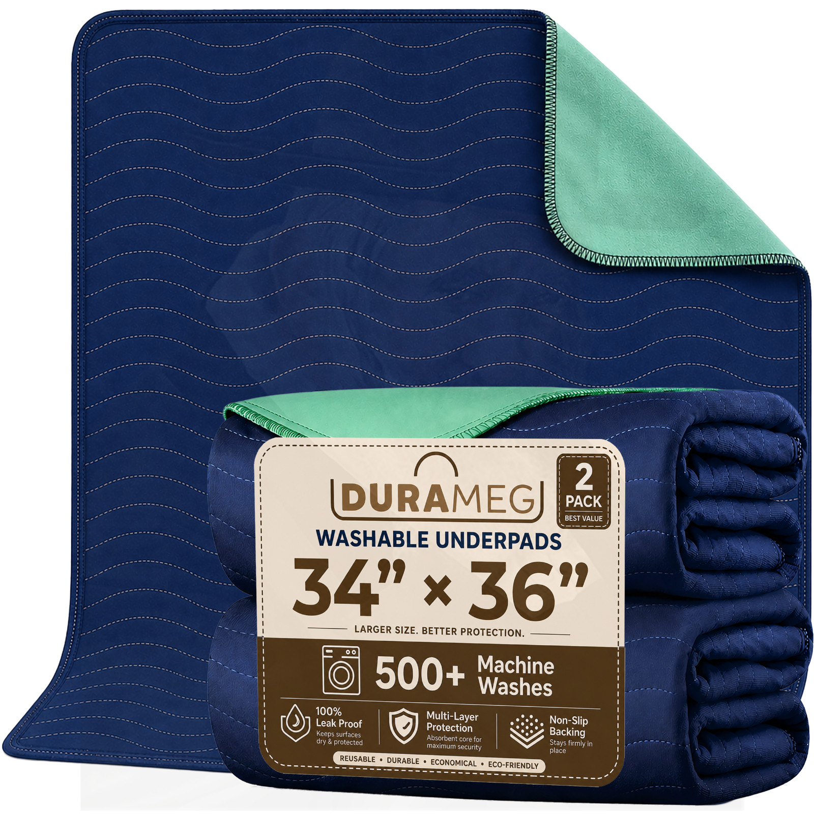 DURAMEG Washable Underpads 34×36 Reusable Waterproof Bed Pads for Adults 2 Pack
