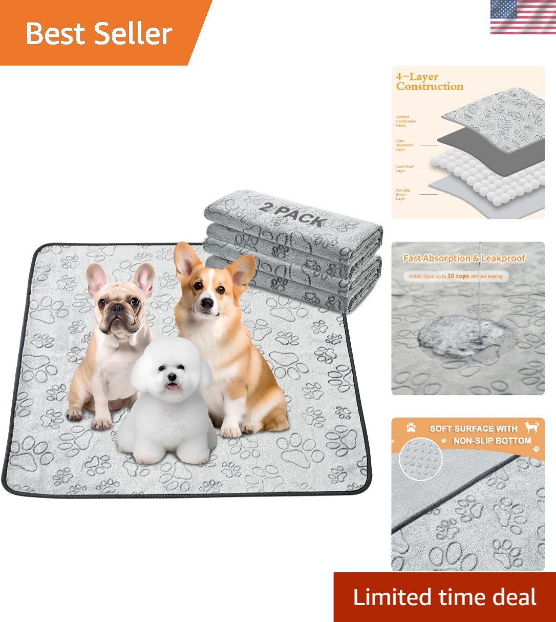 Absorbent Washable Pee Pads for Dogs – Waterproof, Non-Slip, 36”x41” (2 Pack)