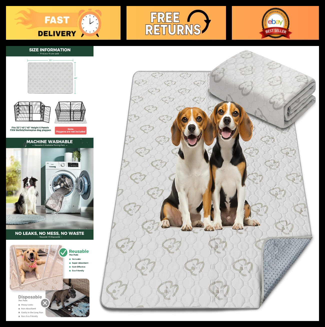 Super Absorbent Washable Dog Pee Pads 43″ x 71″ – Non-Slip, Machine Washable, Fi