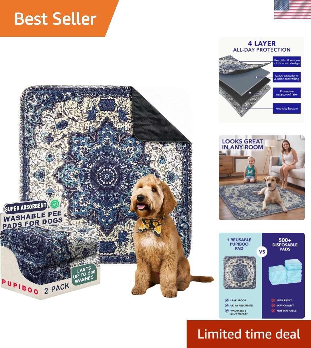Washable Pet Pee Pads – Blue Medallion, 3ft X 3ft, Reusable, Leak-Proof & Non…