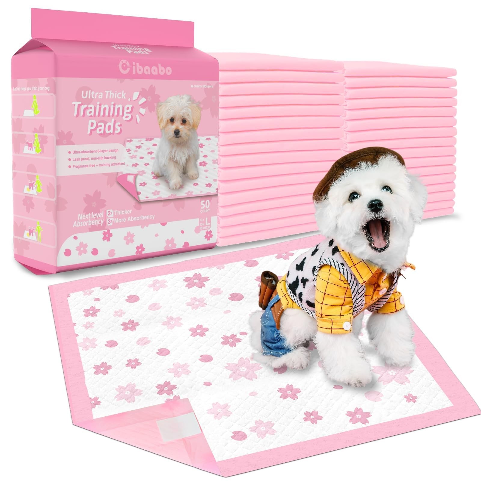 Pink Puppy Pads, 50 Count Cute Dog Pee Pad with Adhesive Tabs for Potty Train…