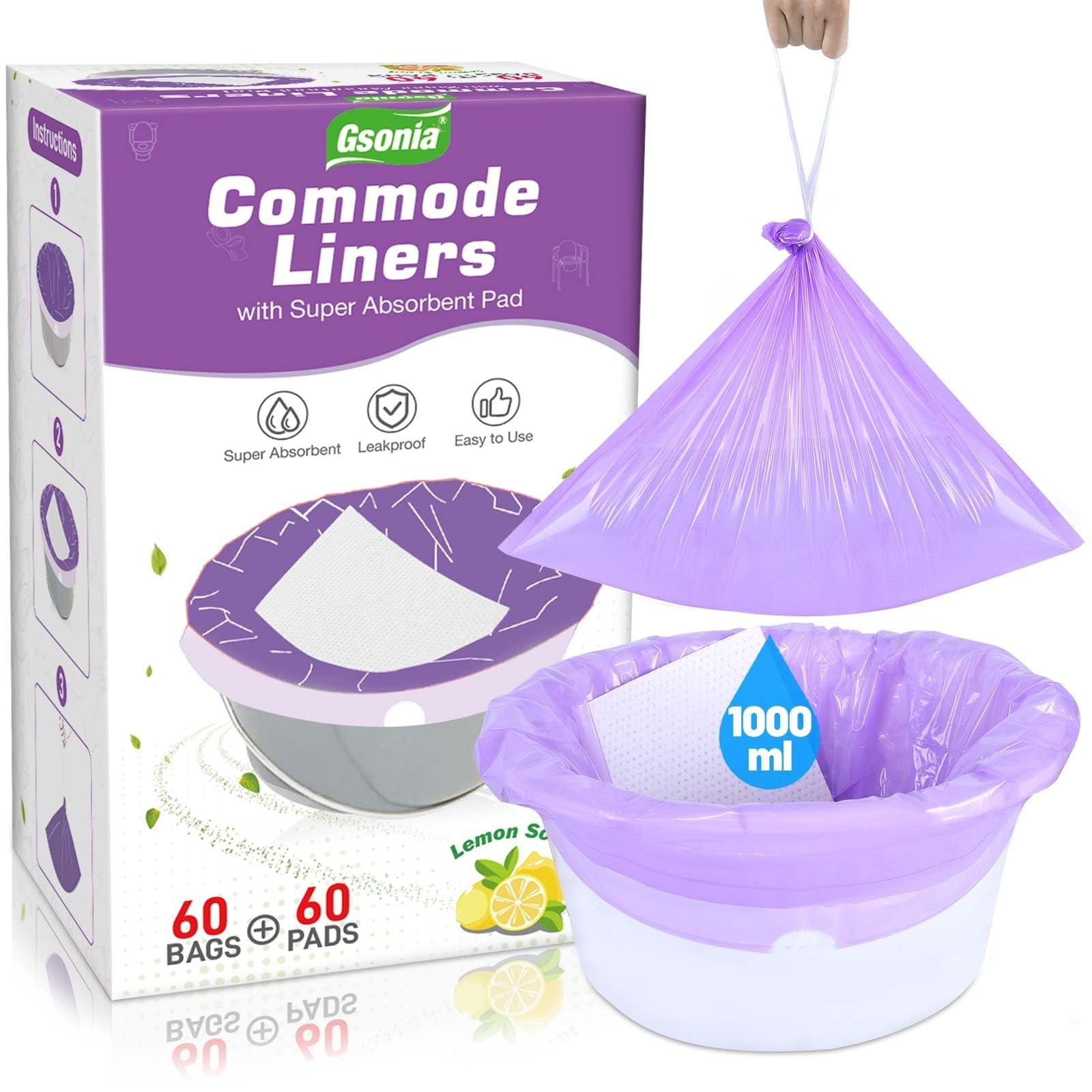 Commode Liners with Absorbent Pads for Bedside Commode 60 Pack Disposable Lem…