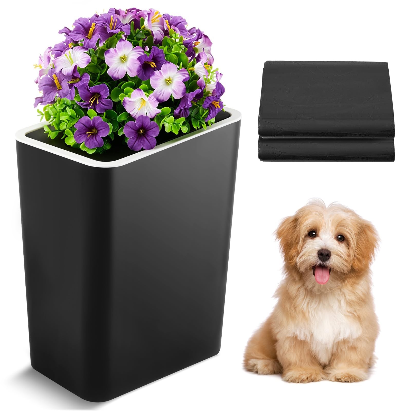 Jingmore 15L Purple Flower Black Dog Poop Bin w/ Lid & Bags, Indoor/Outdoor