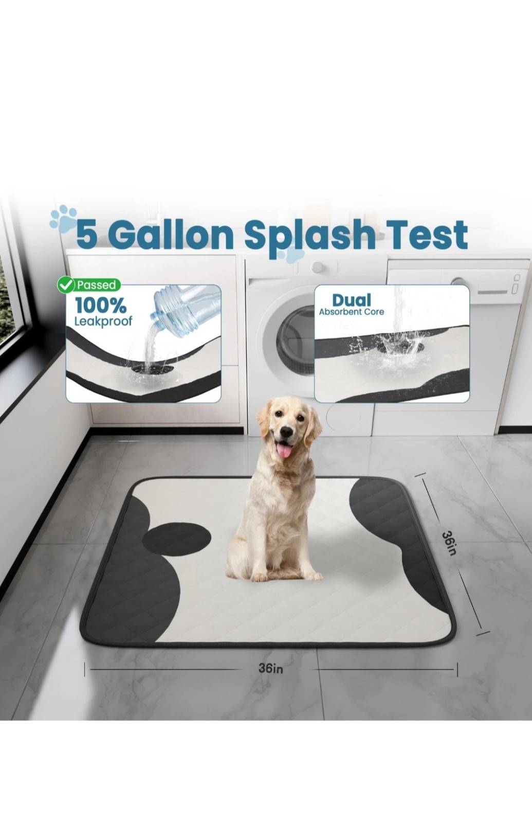 CNAOA Washable Pee Pads for Dogs 2 Pack 36×36 in – 5 Layer Reusable Puppy Pad