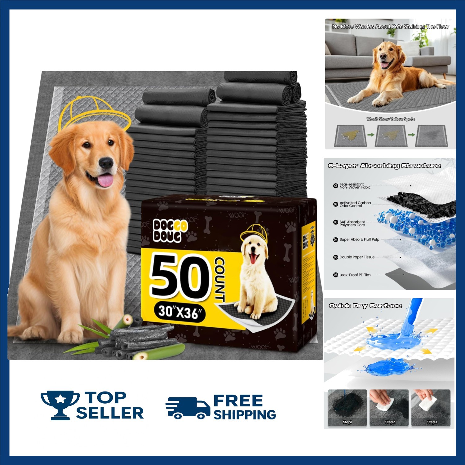Dog Pee Pads for Dogs XXL 30″x36″ Charcoal Puppy Pads 50 Counts Extra Large D…