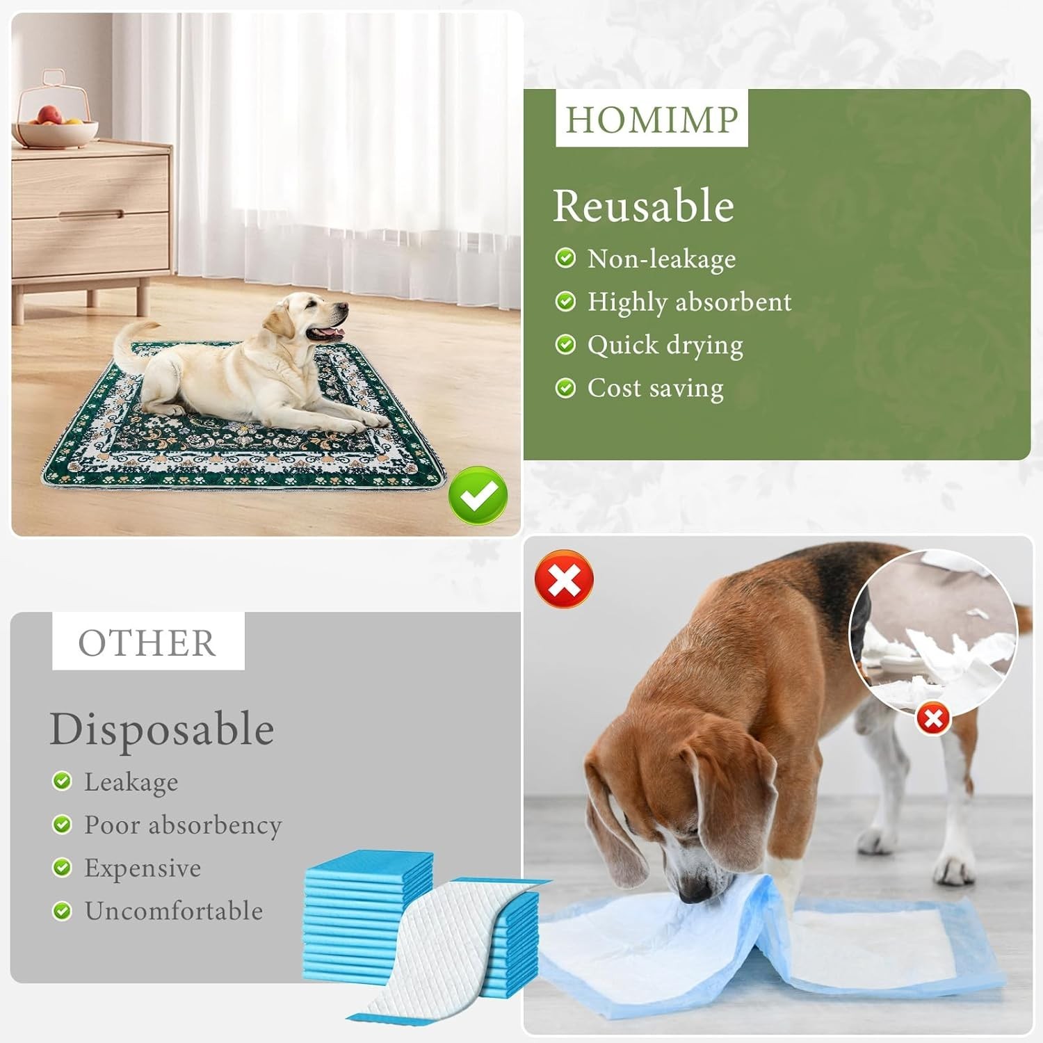Washable Puppy Pee Pads for Dogs with Pheromones (Green 18″ X24″ 2 Pack), Traini