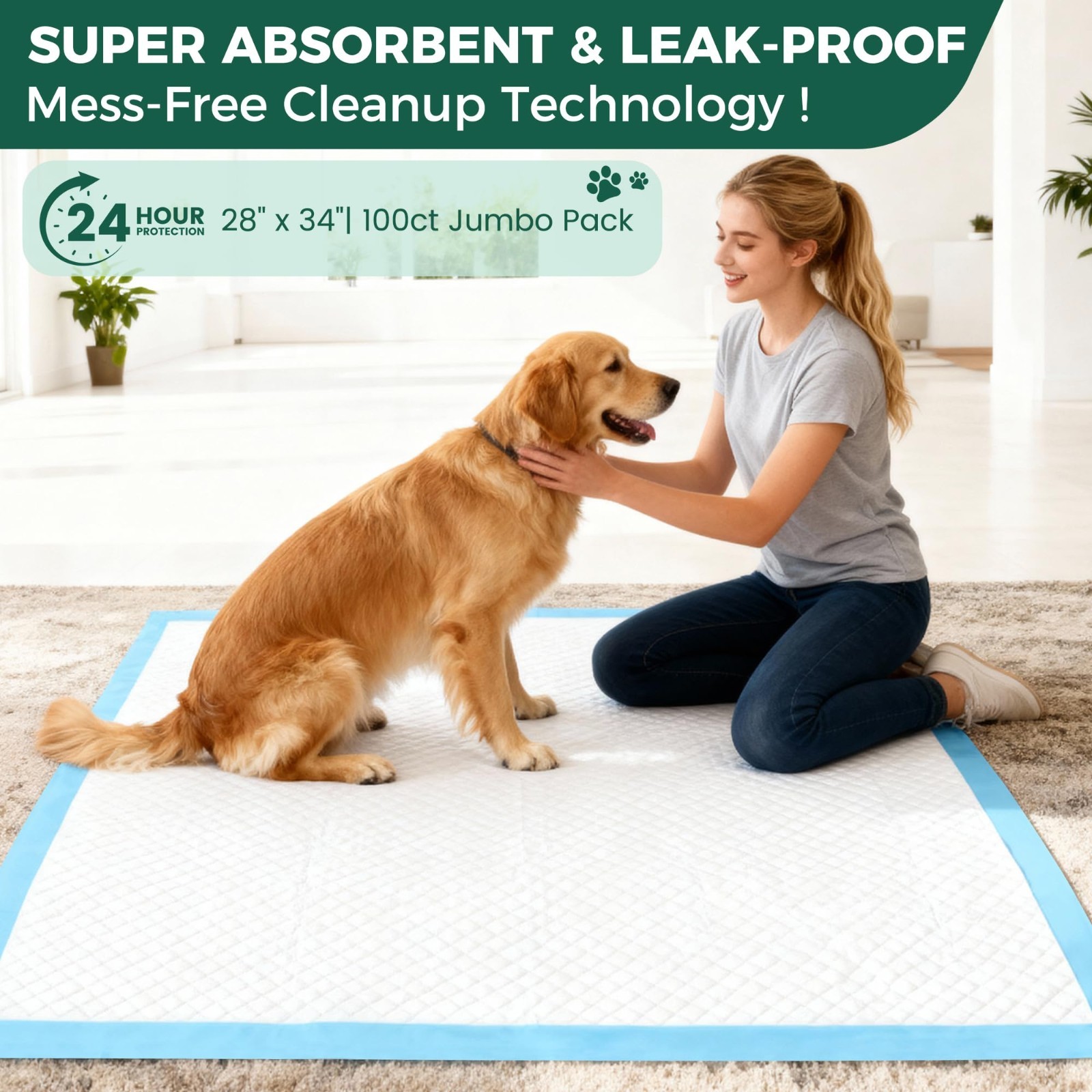 Extra Large Dog Pee Pads 100 Count – Super Absorbent Leak-Proof Quick-Dry Puppy