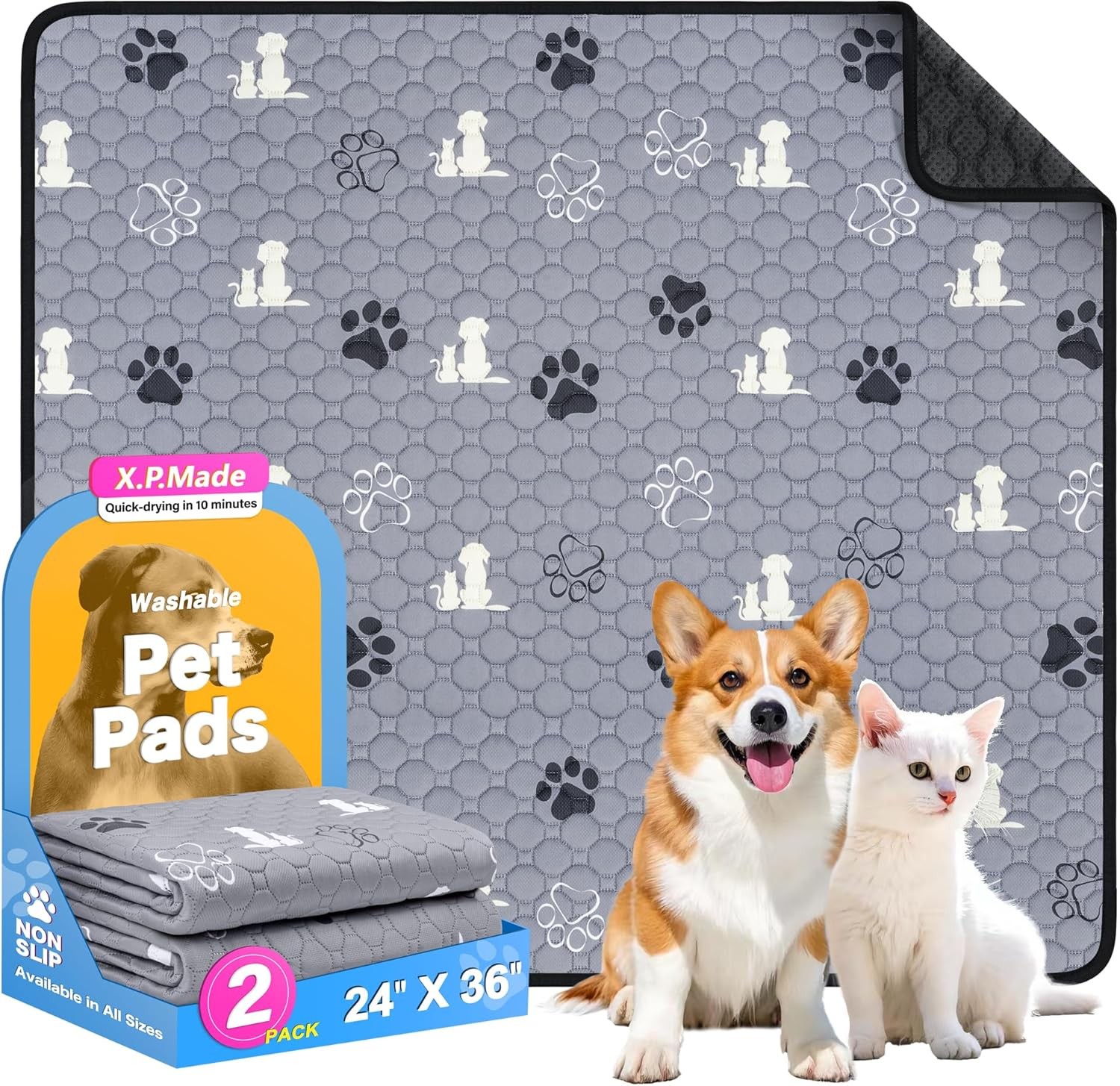 Washable Pee Pads for Dogs, 2 Pack 24"x36"(Pack of 2), Gray