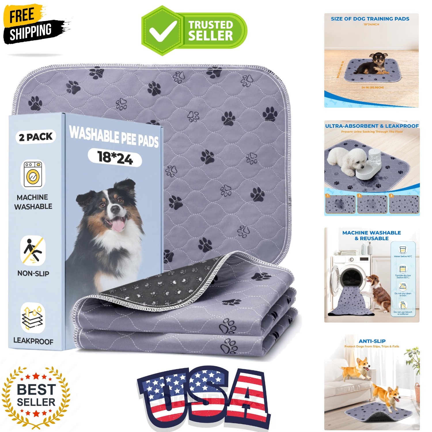 Reusable Puppy Pads, 2 Pack 18″x 24″ Washable Pee Pads for Dogs, Absorbent an…