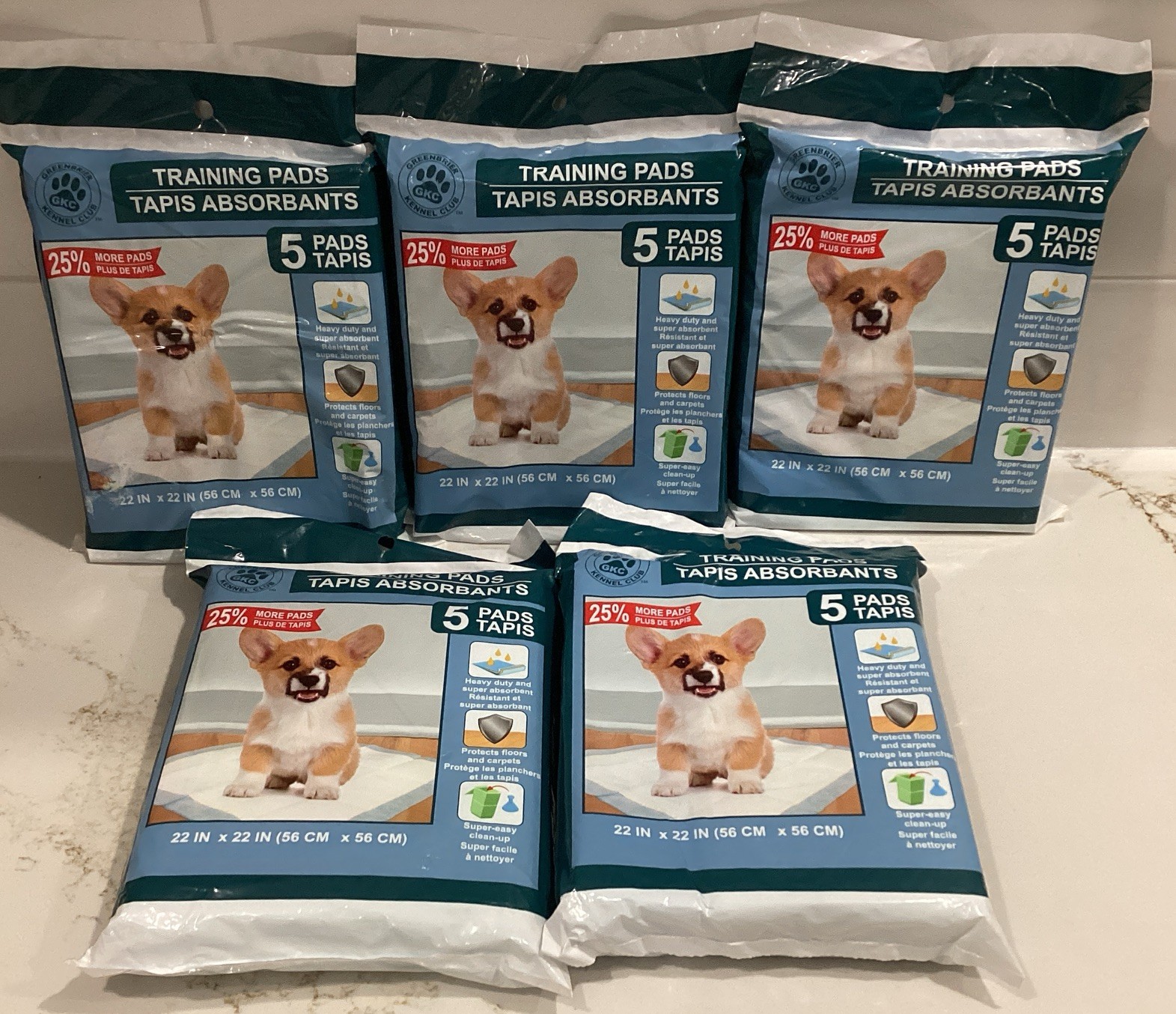 Greenbrier Kennel Club Puppy Training Pads 22″x22″, 5 Packs 25 Total Pads