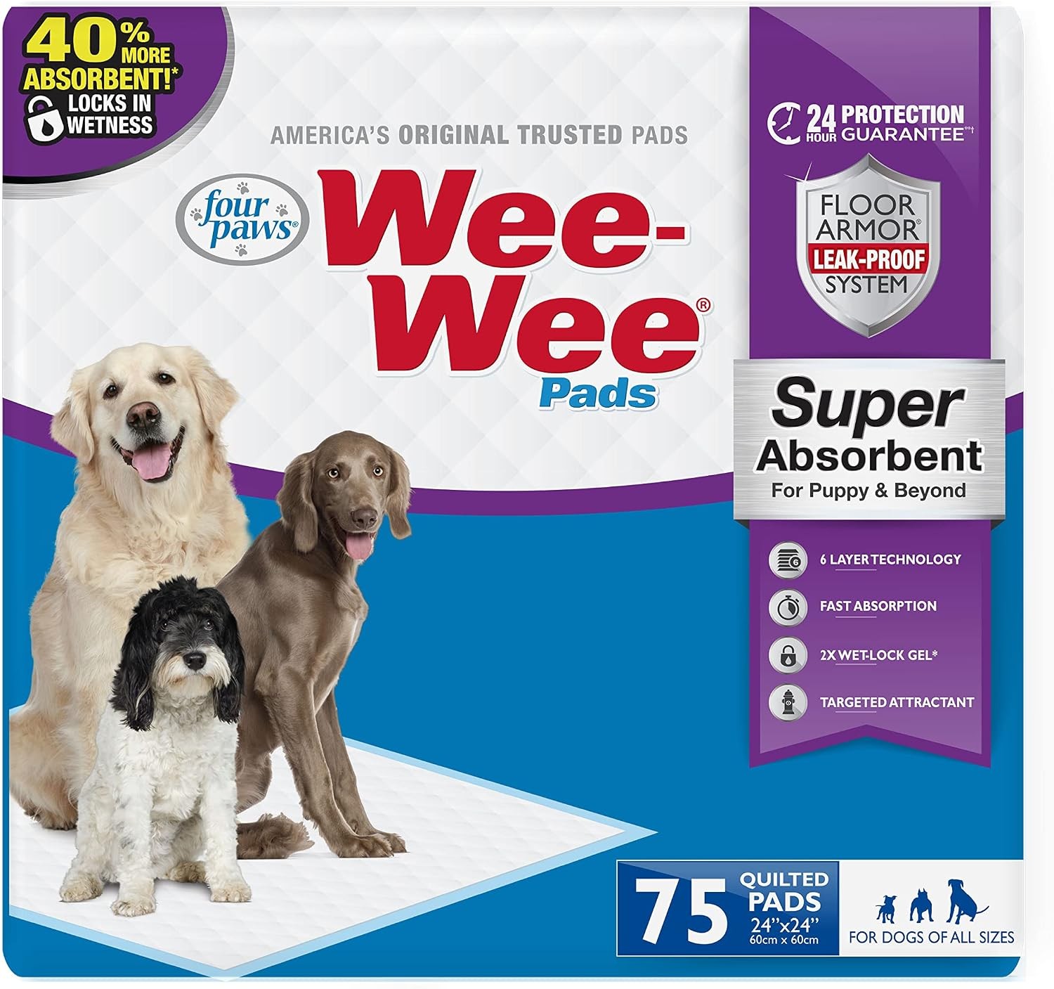 Wee-Wee Super Absorbent Pads for Dogs 75 Count Leak-proof puppy locks in wetness