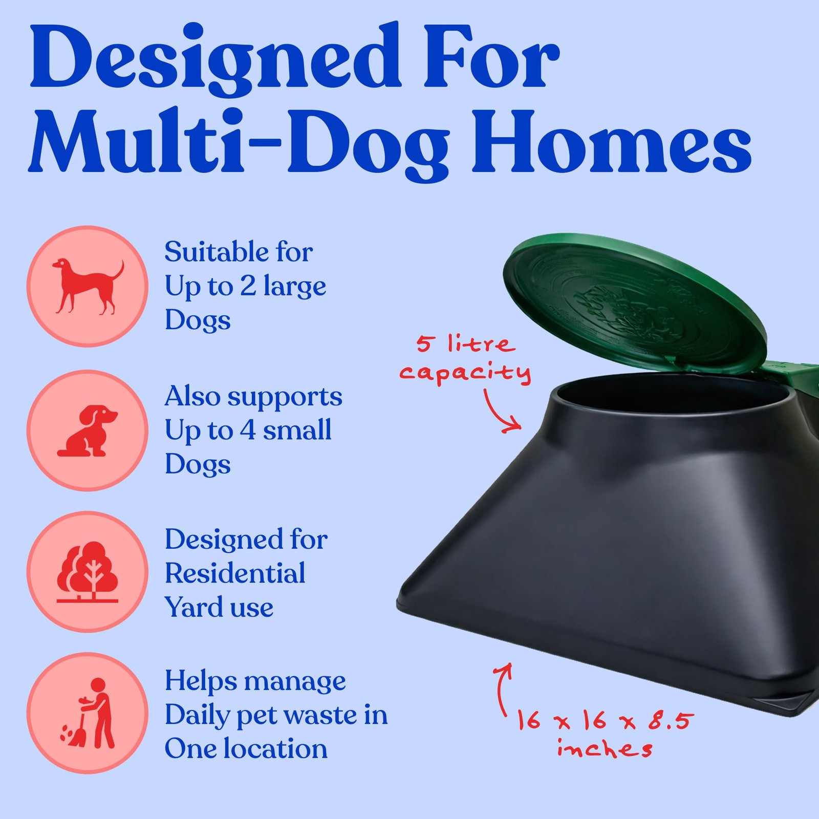 Doggie Dooley Capacity up to 2 Large or 4 Small Dogs, Black with Green Lid