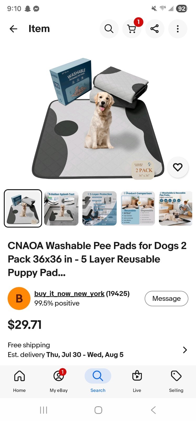 CNAOA Washable Pee Pads for Dogs 2 Pack 36×36 in – 5 Layer Reusable Puppy Pad