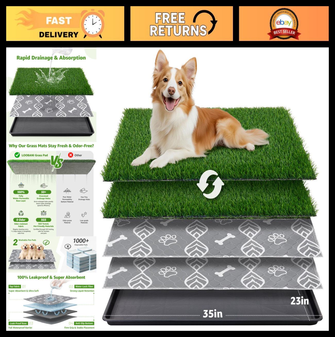 Large Dog Grass Pad with Tray – 35x23in Indoor Outdoor Potty, 2 Grass Patches &