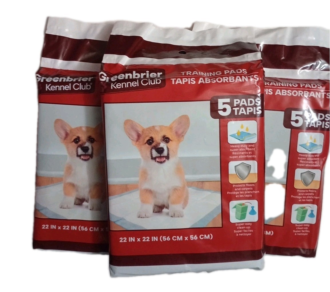 LOT OF 3- GREENBRIER KENNEL CLUB PUPPY TRAINING PADS (5 Pads) 22″ x 22″