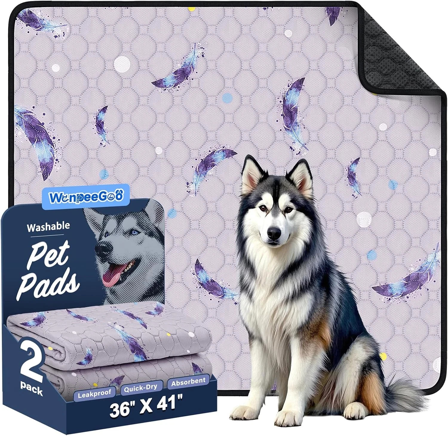 Washable Dog Pee Pads Non-Slip Waterproof 36 x 41 in 2 Pack Feather | Super