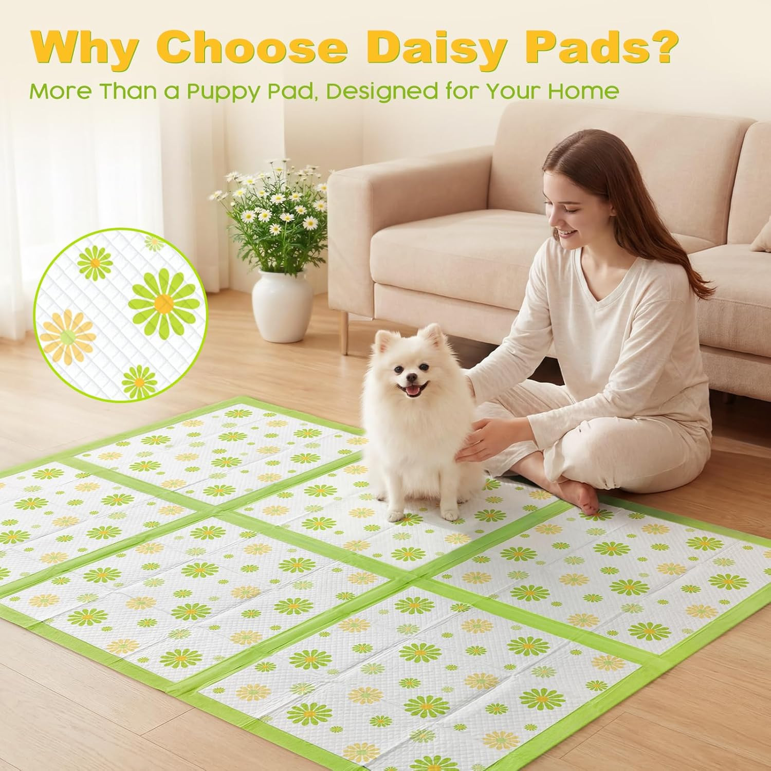 Puppy Pads 22″X22″, Dog Pee Pads 6-Layer Super Absorbent & Leak-Proof, Daisy Pat