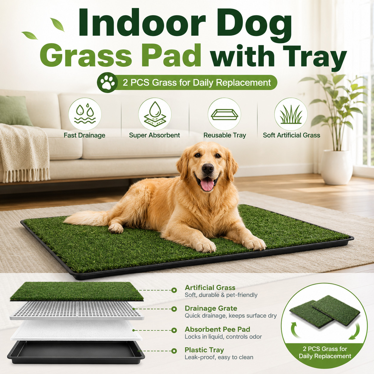 HQ4US Large Dog Grass Pad with Tray 34 x 23 in 2 Artificial Grass Mats