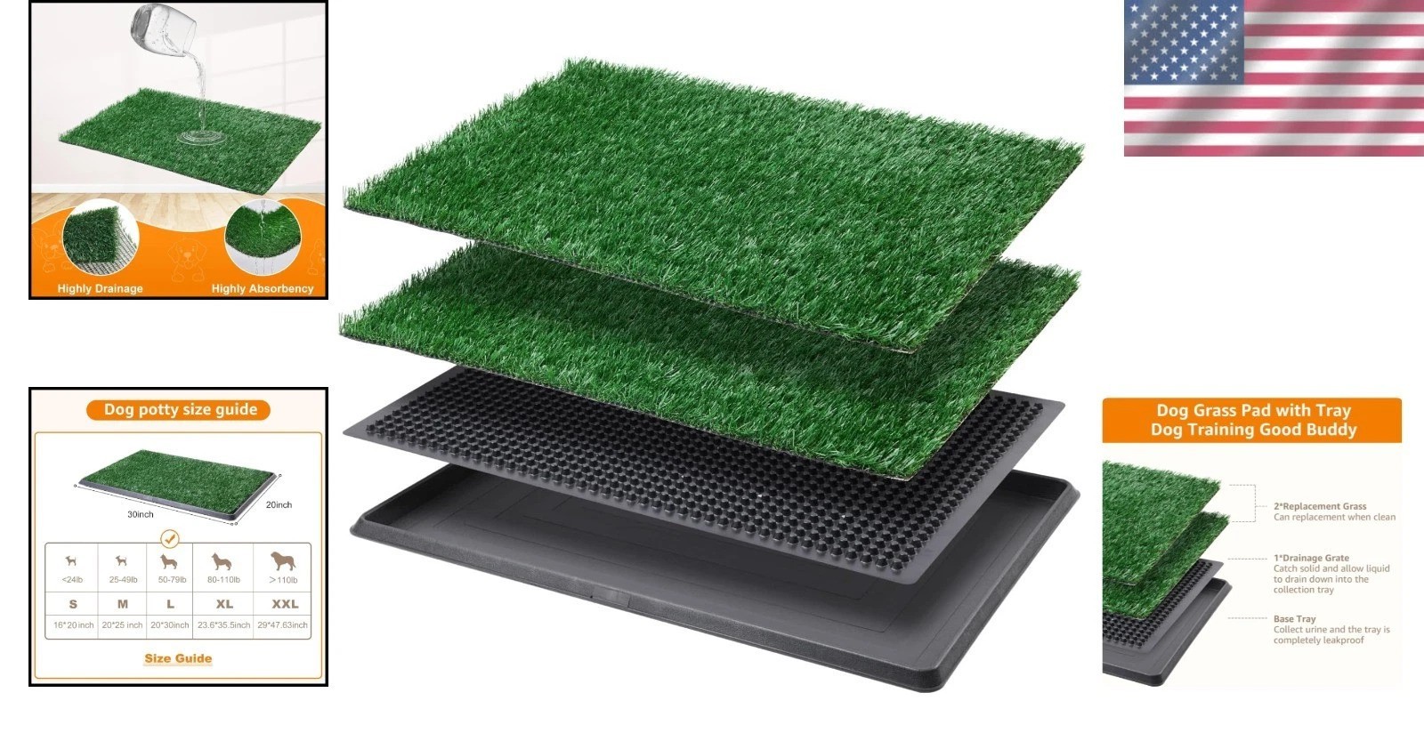 All-in-One Dog Potty Pad System – 20×30 Inch Tray with Two Easy-Clean Grass Mats