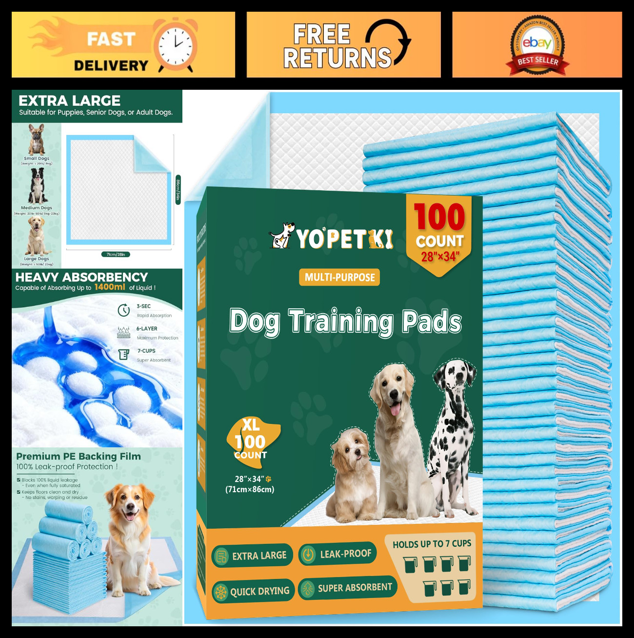Extra Large Dog Pee Pads 100 Count – Super Absorbent, Leak-Proof, Quick-Dry Pupp