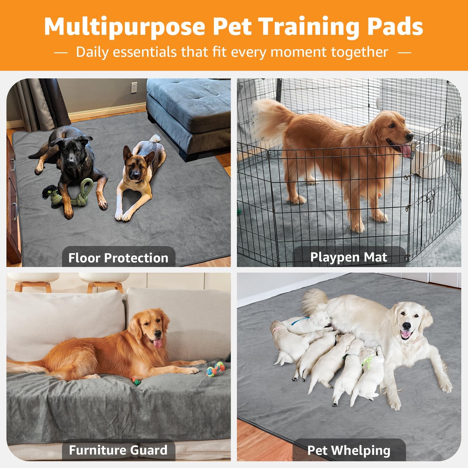 Washable Dog Pee Pads 36×36 2Pack Reusable Puppy Pads, 36″x36″-2PACK, Gray