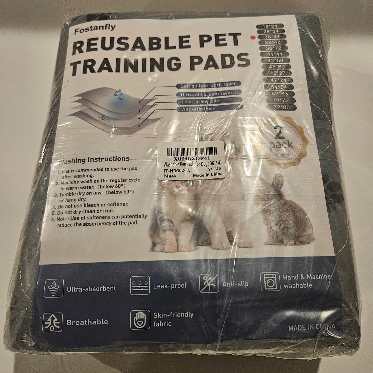 Fostanfly Reusable Pet Training Pads 36” x 41” – 2 Pack Washable Dog Pee Pads