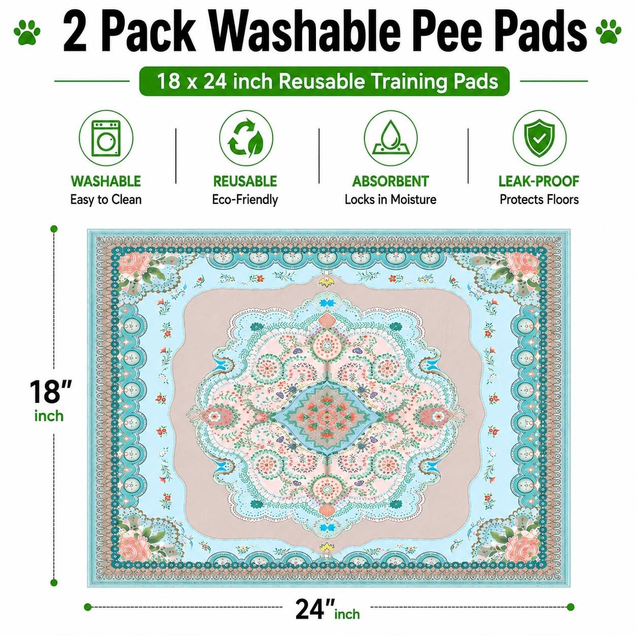 Washable Pee Pads for Dogs, 18″x24″, 2 Pack Reusable Puppy Training Pads | Super