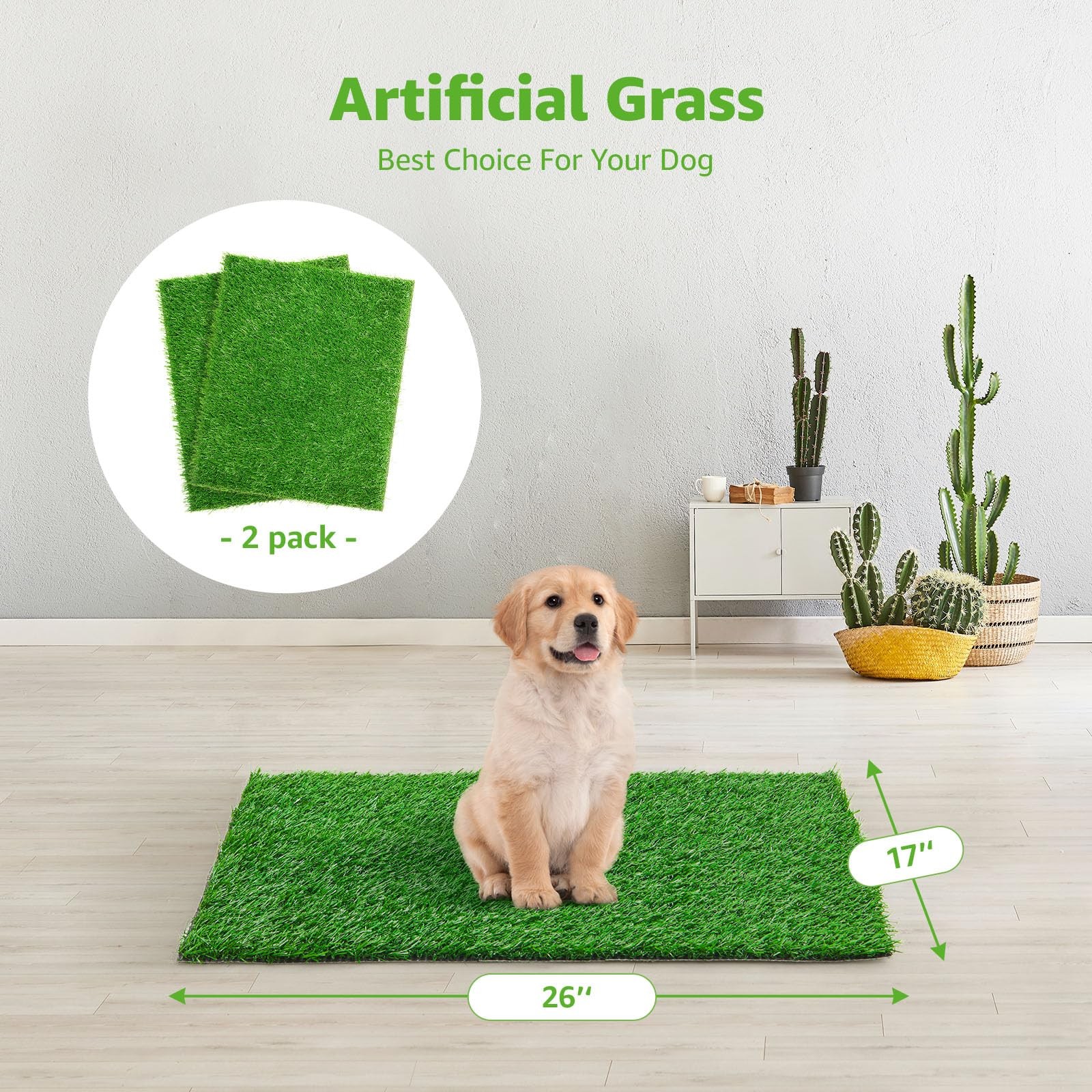 2 Pack Artificial Dog Grass Pee Pad 26″ x 17″, Indoor Potty Training Turf