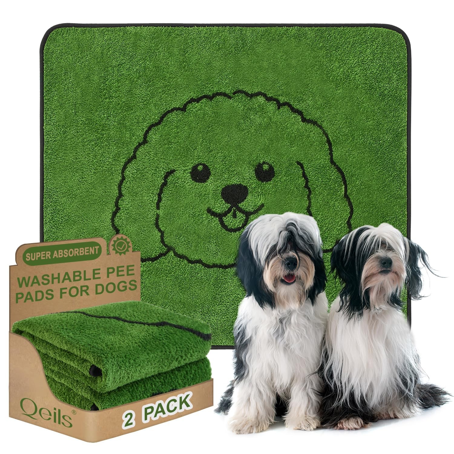Qeils Reusable Puppy Pads, Washable Pee Pads 36″x41″(Pack of 2), Dog Green