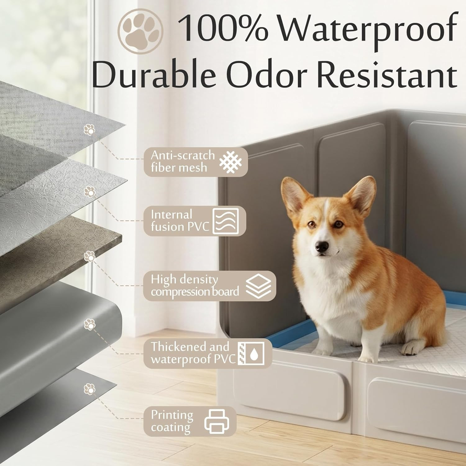 Dog Litter Box with High Walls, Foldable Pee Pad Holder, 33×22×16″ | Waterproof
