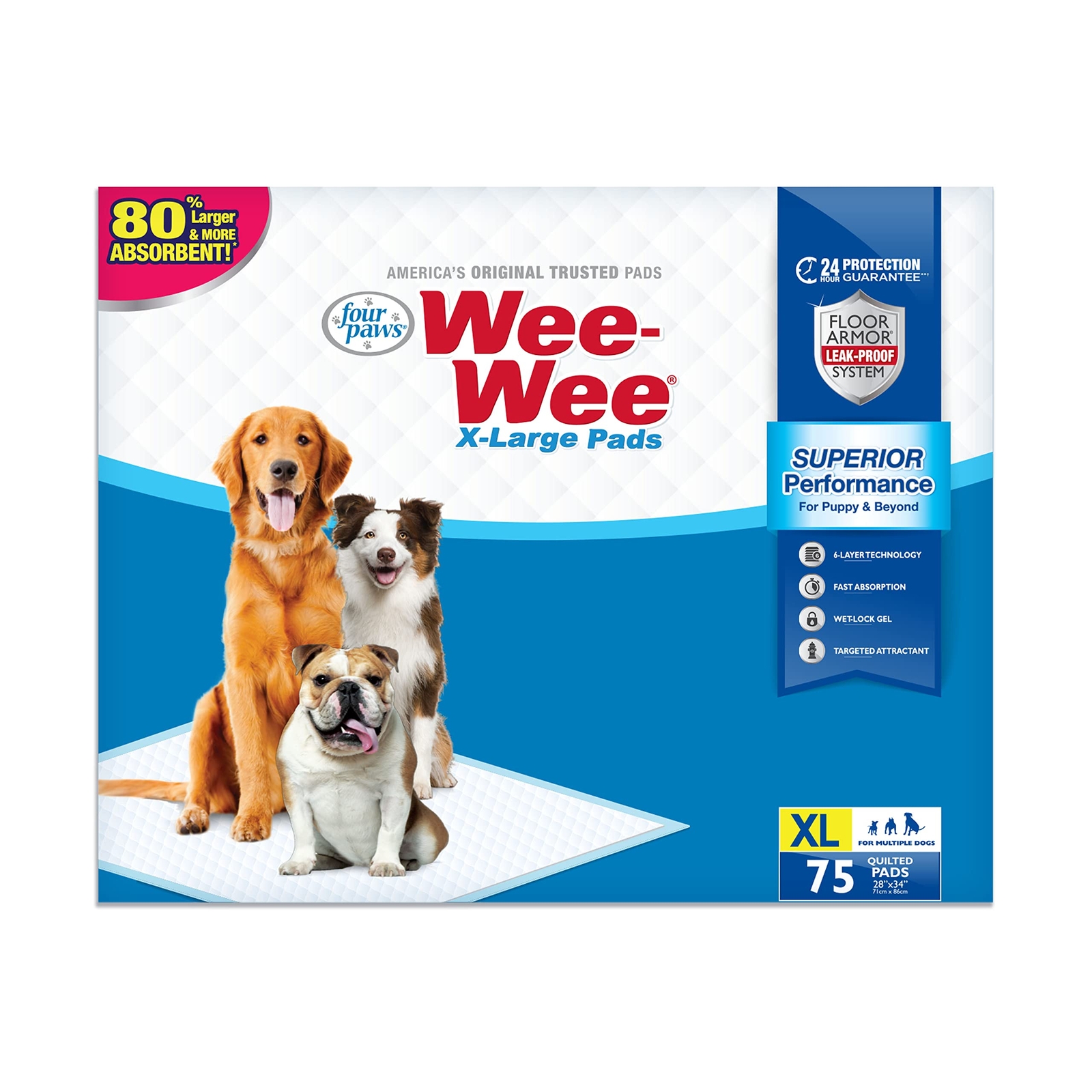Wee Wee X Large Dog Pee Pads 28 x 34 75 Count Leak Proof Absorbent Training Pads