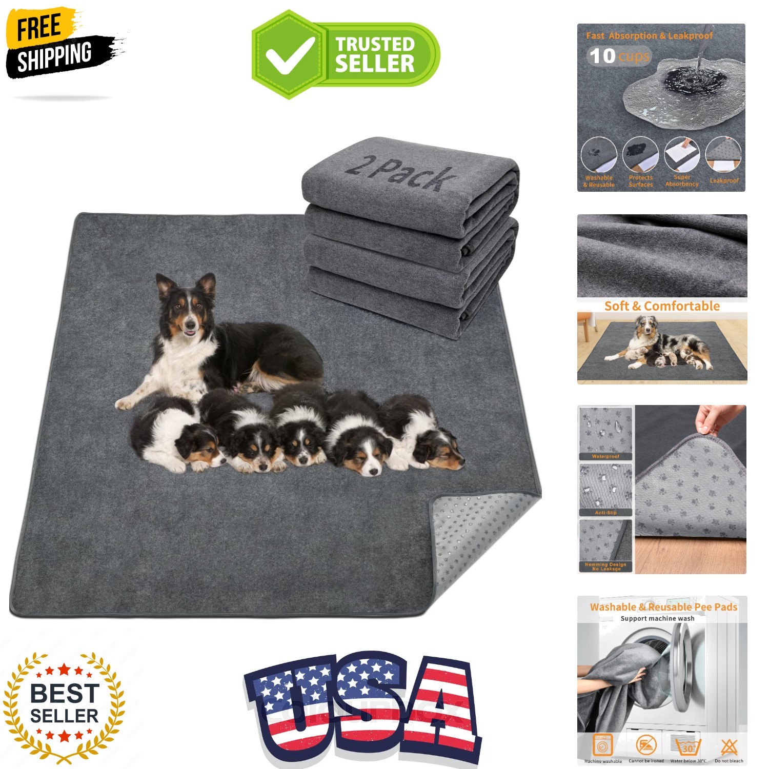 2 Packs Extra Large Reusable Dog Mat for Floor, Non-Slip Washable Pee Pads fo…
