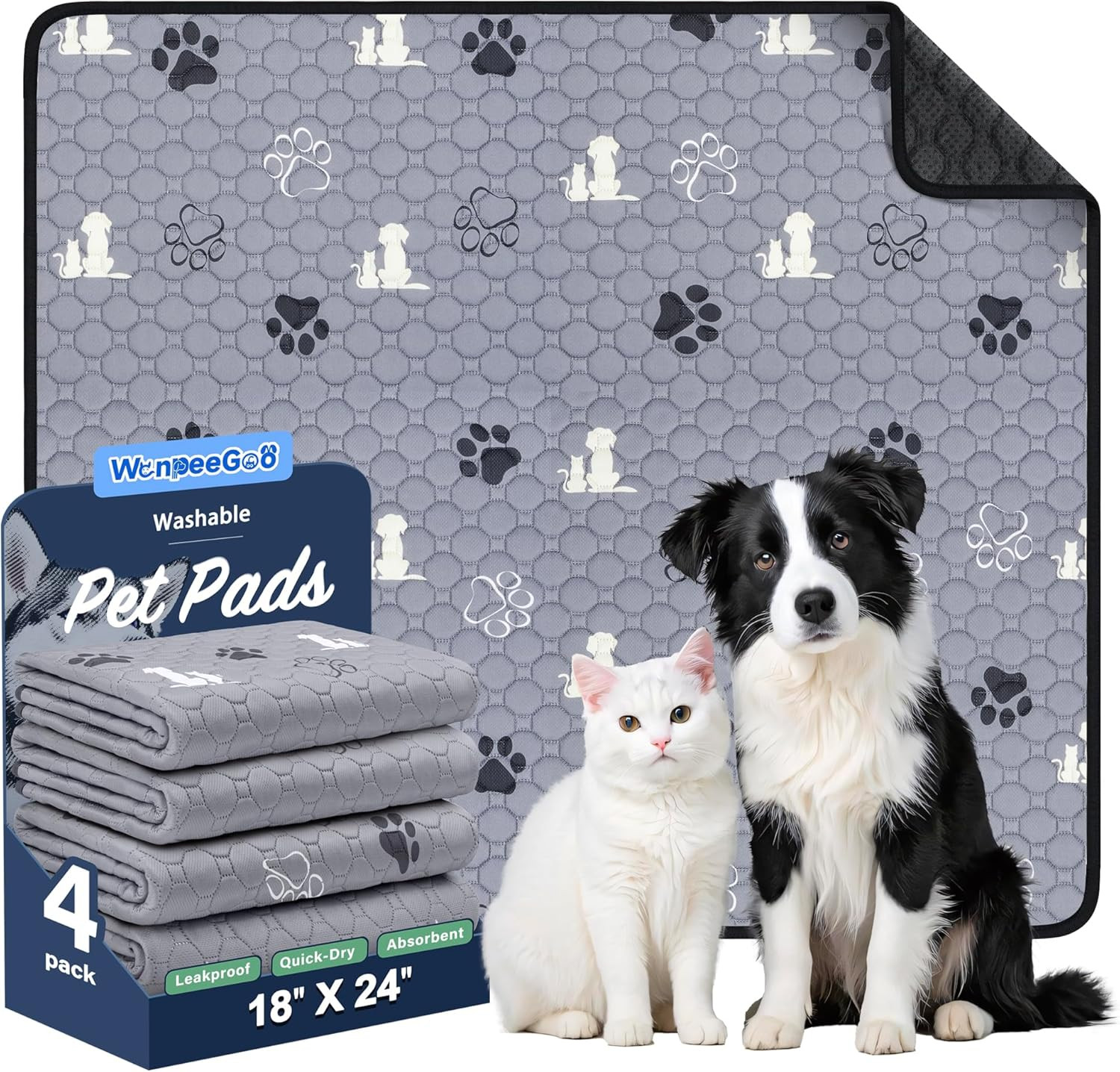 Washable Pee Pads for Dogs, 4 Pack Absorbent Reusable Training Dog Pads Pet Pupp
