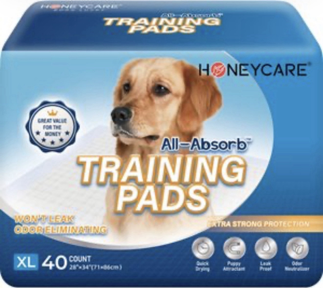 Honeycare Training Pads 22x22in Leak Proof Odor Neutralizer Quick Dry chewy