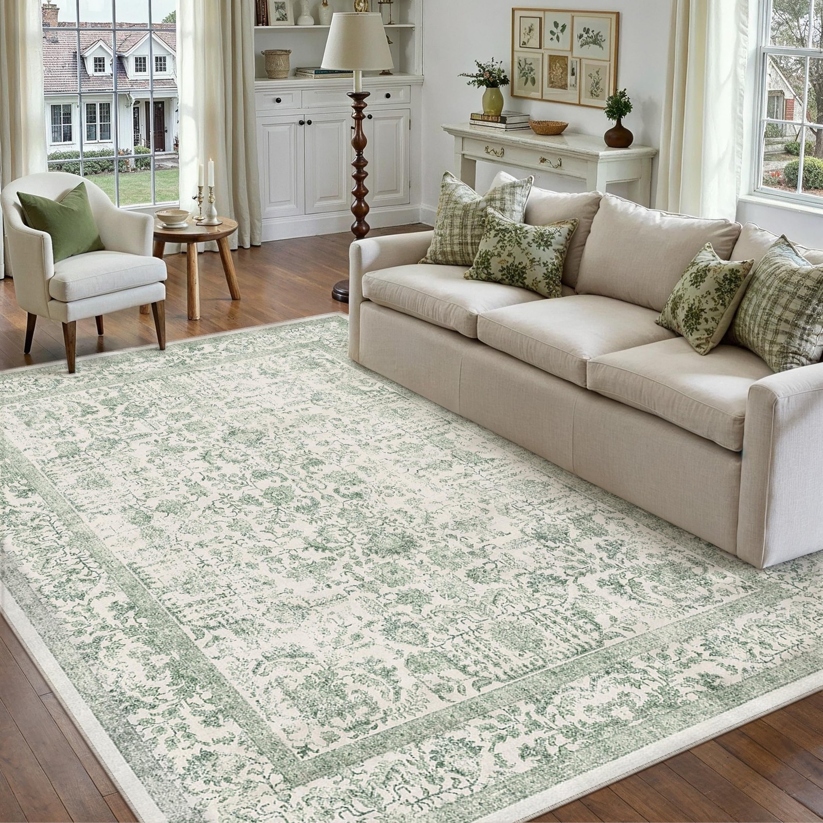 PureCozy Sage Green Area Rug 5×7 Vintage Floral Farmhouse | Washable, Non Sli…