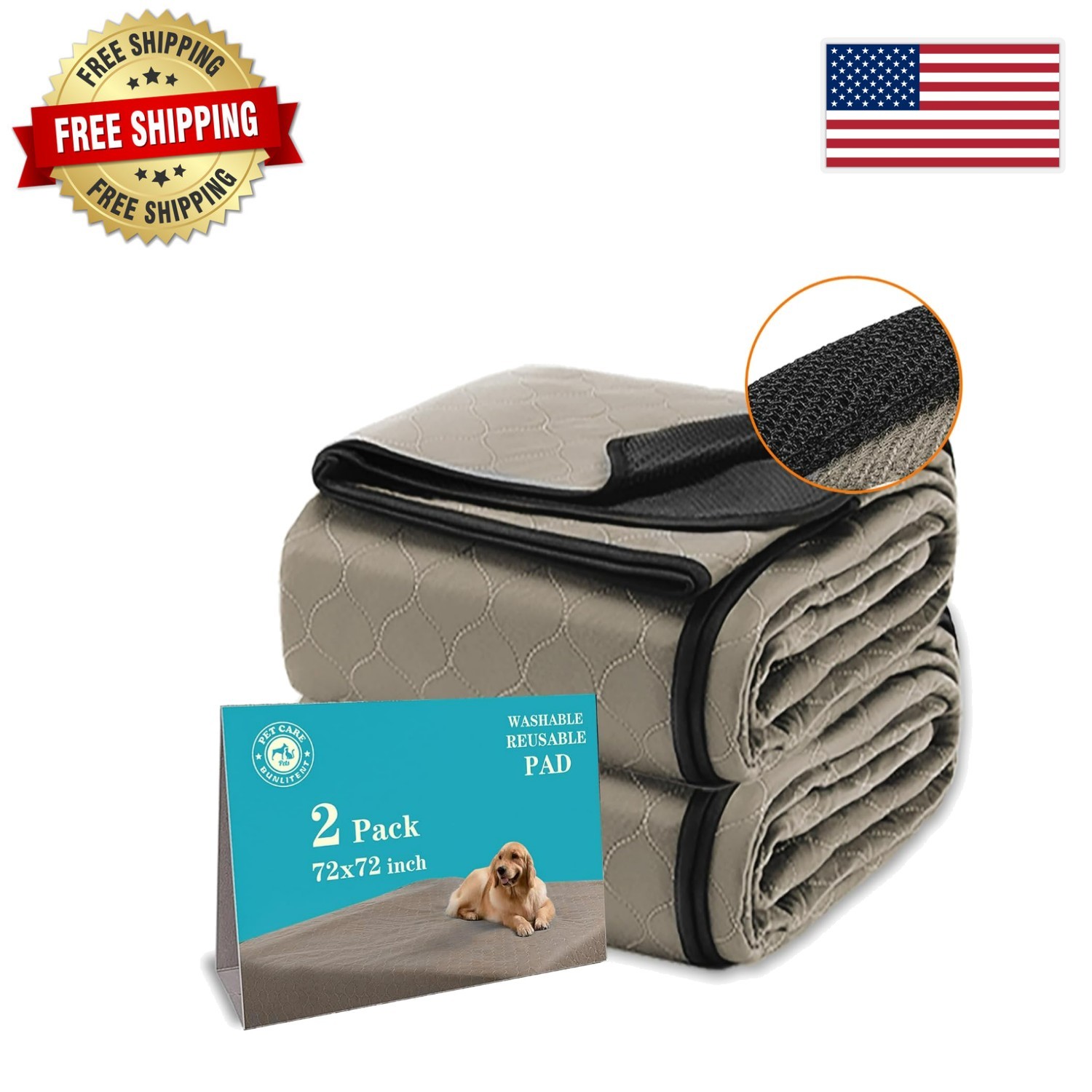 2-Pack Washable Dog Pee Pads 72″x72″ – Highly Absorbent with Anti-Slip Back